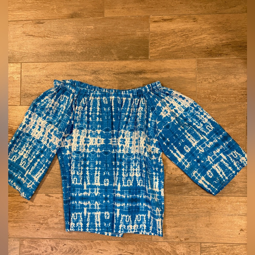 Blue and White Tie-Dye Off-Shoulder Top